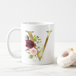 Taza De Café Café con Monograma Floral Beige con Letra V Dorada