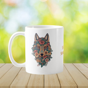 Taza De Café Café de Arte de Lobo Floral Boho Psicodélico
