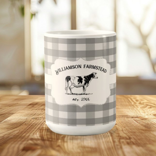 Taza De Café Café de vaca lechal de búfalo gris de la granja (Gray Buffalo Plaid Farm Cow Coffee Mug)
