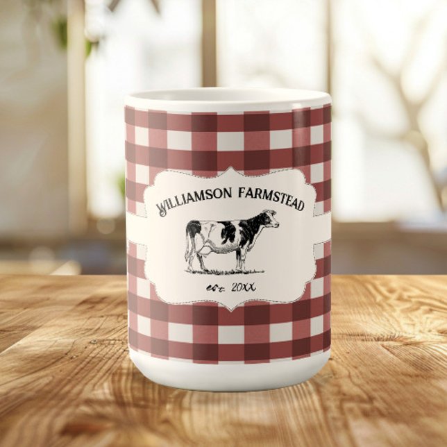 Taza De Café Café de vaca lechero rojo con relleno de búfalo (Red Buffalo Plaid Farm Cow Coffee Mug)