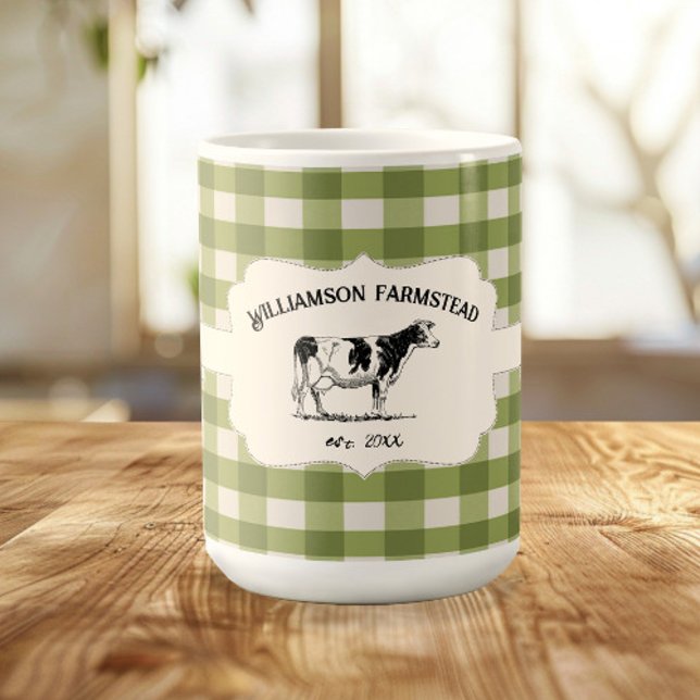 Taza De Café Café de vaca verde de la granja de búfalo (Green Buffalo Plaid Farm Cow Coffee Mug)