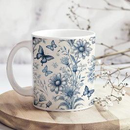 Taza De Café Café Floral y mariposa azul y blanco de cosecha de