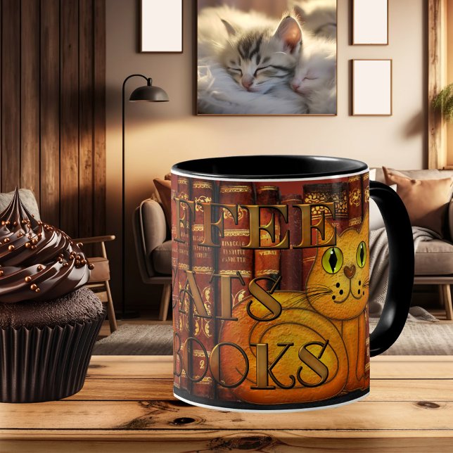 Taza De Café Café Gatos y Libros Gato artístico Mug (Mug featuring a painting of a cute cat on a background with vintage books. Coffee, cats and books)