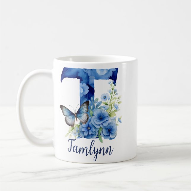 Taza De Café Café Monogramado Floral Blue de 11 oz Mug (Izquierda)