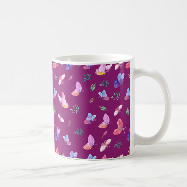 Taza De Café Café Mug con mariposas en fondo morado (Derecha)