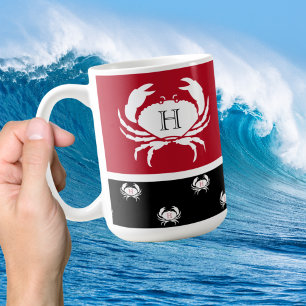 Taza De Café Café Náutico Monogramado Rojo Blanco Cangrejo Blan