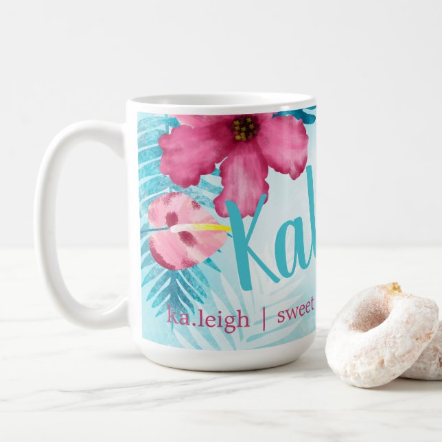 Taza De Café Café personalizado de Hibiscus rosa y turquesa (Con donut)
