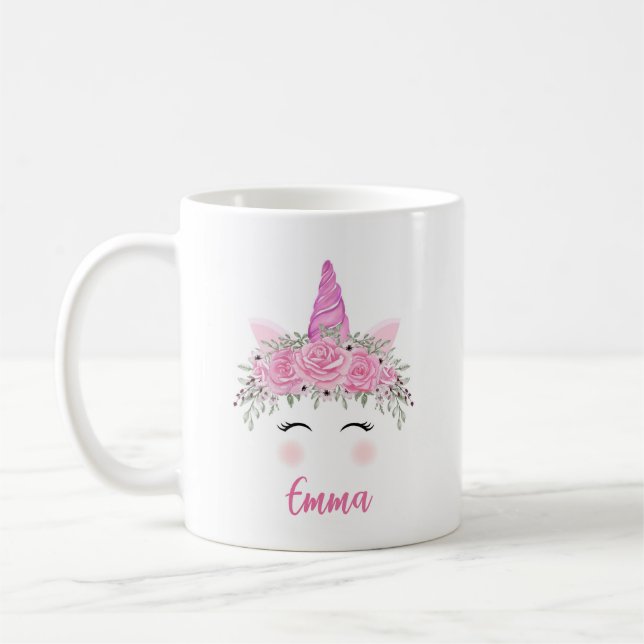 Taza De Café Café unicornio personalizado con nombre rosado (Izquierda)