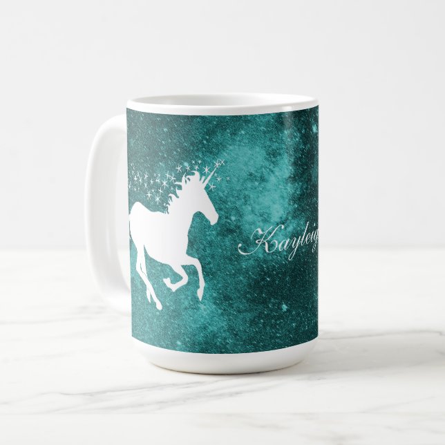 Taza De Café Café unicornio verde azulado personalizado (Anverso izquierdo)
