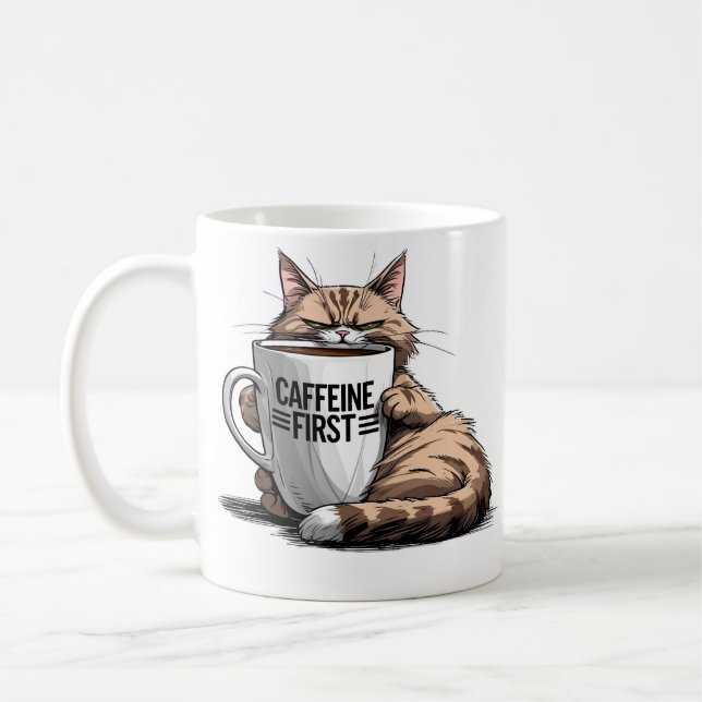 Taza de café "Caféina primero" para amantes de los (Izquierda)