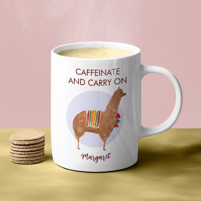Taza De Café Caffeinate Carry On Llama Alpaca (This cute alpaca / llama mug reads: "Caffeinate and Carry On." Make the office smile!)