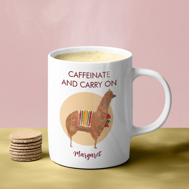 Taza De Café Caffeinate Carry On Llama Alpaca (This cute personalized alpaca llama coffee mug reads: "Caffeinate and Carry On.")