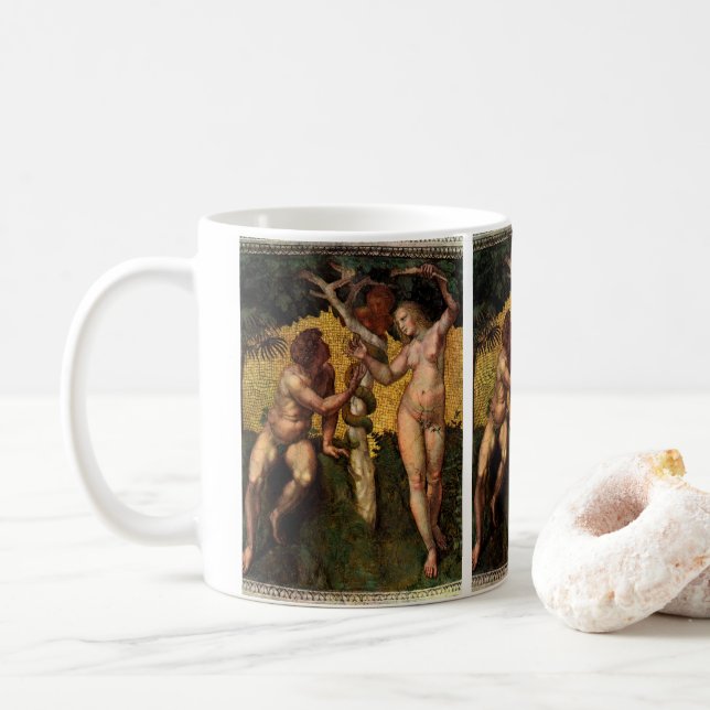 Taza De Café Caída - Adán y Eva de Raphael Sanzio (Con donut)