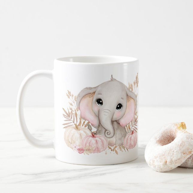 Taza De Café Caída Cuidada Elefante Rosa Y Calabaza Mug (Con donut)