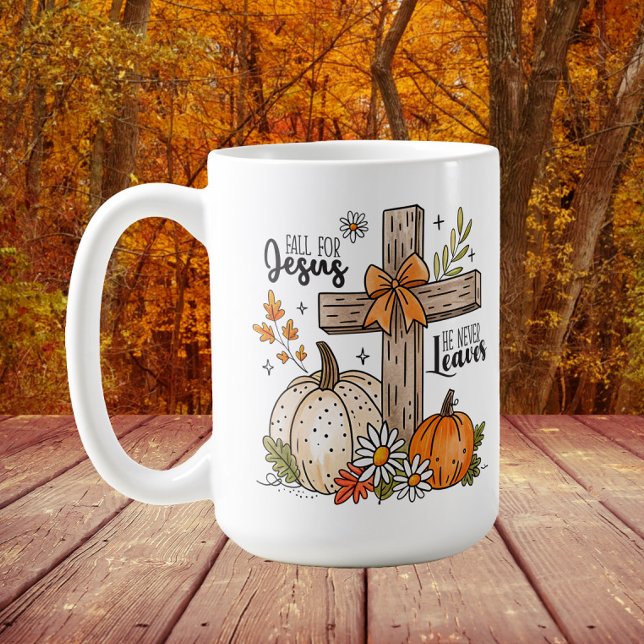 Taza De Café Caída por Jesús Cruz Cristiana Otoño ("Fall for Jesus, He never leaves" Christian cross and pumpkins autumn/Thanksgiving mug)