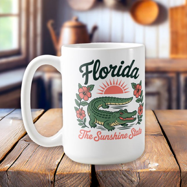 Taza De Café Caimán Retro Florida Flores Tropicales (Alligator, Florida the Sunshine State mug
)