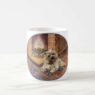 Taza De Café Cairn Terrier junto a una acogedora chimenea