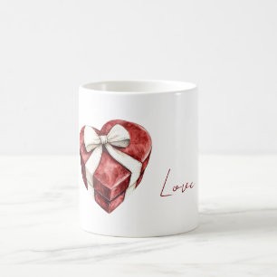 Taza De Café Caja de Corazón Rojo con Lazo de Cinta Blanca