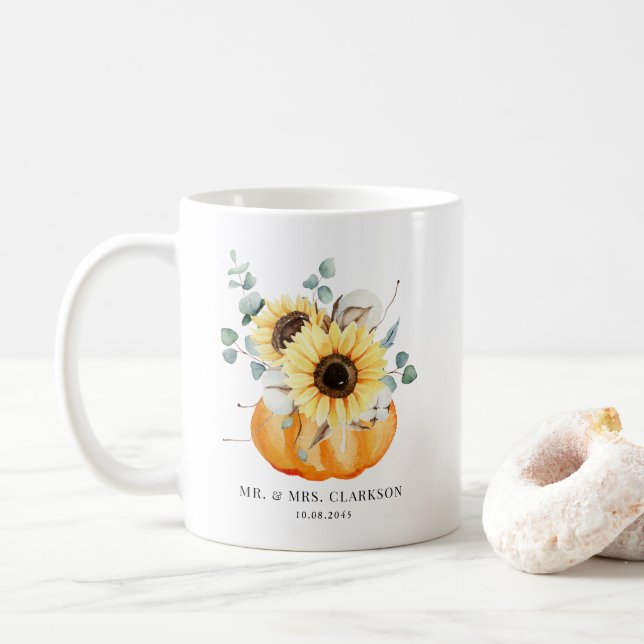 Taza De Café Calabaza acuarela y girasoles - Boda otoño (Con donut)