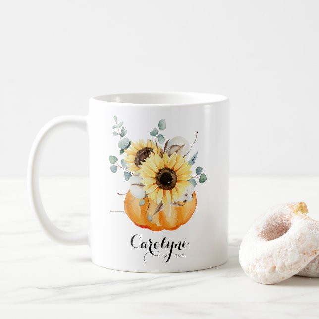Taza De Café Calabaza acuática con girasoles personalizada (Con donut)