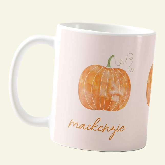 Taza De Café Calabaza acuática personalizada Otoño otoño (Modern script personalized custom name watercolor pumpkin mug for autumn, fall and Thanksgiving)