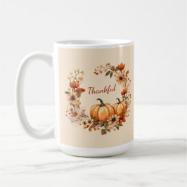 Taza De Café Calabaza agradecida y flores de otoño