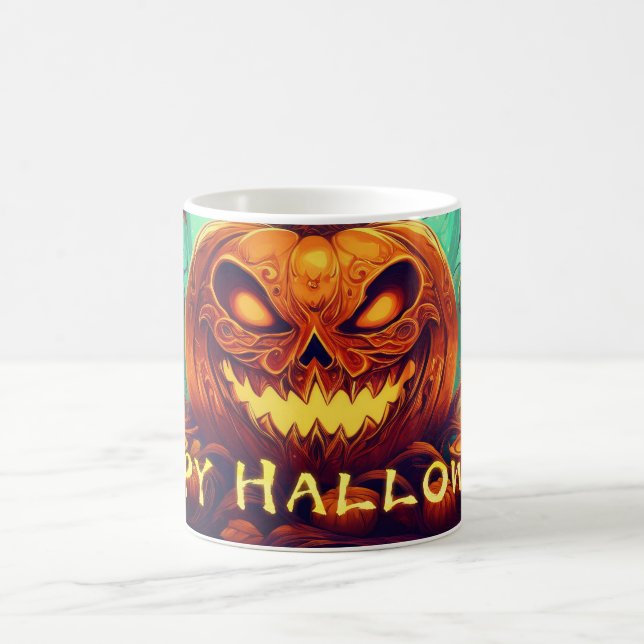 Taza De Café Calabaza con cara de miedo entre velas, Halloween (Centro)
