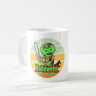 TAZA DE CAFÉ CALABAZA DE HALLOWEEN ANTIGUA CON MOTOSIERRA Y CAL