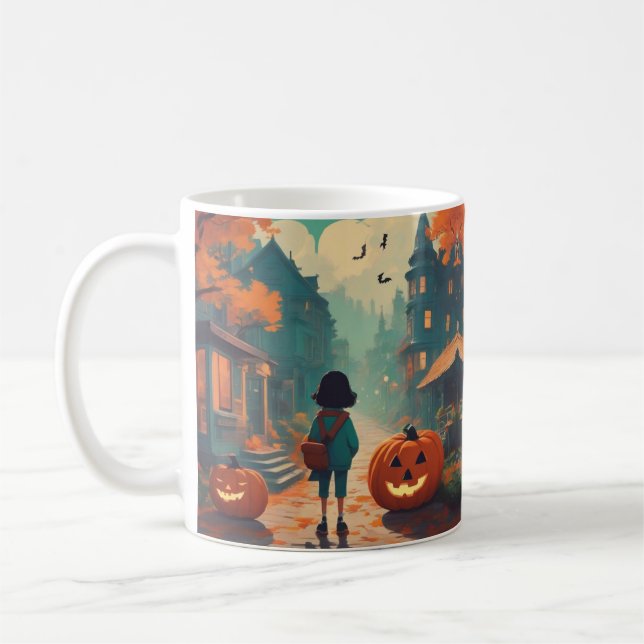 Taza De Café Calabaza de murciélago de Halloween y un chica per (Izquierda)