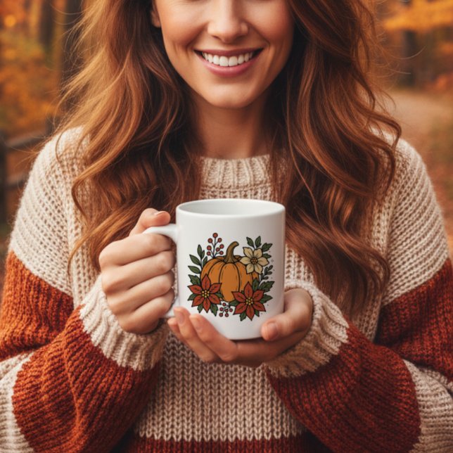Taza De Café Calabaza de otoño con flores de poinsettia floral (Subido por el creador)