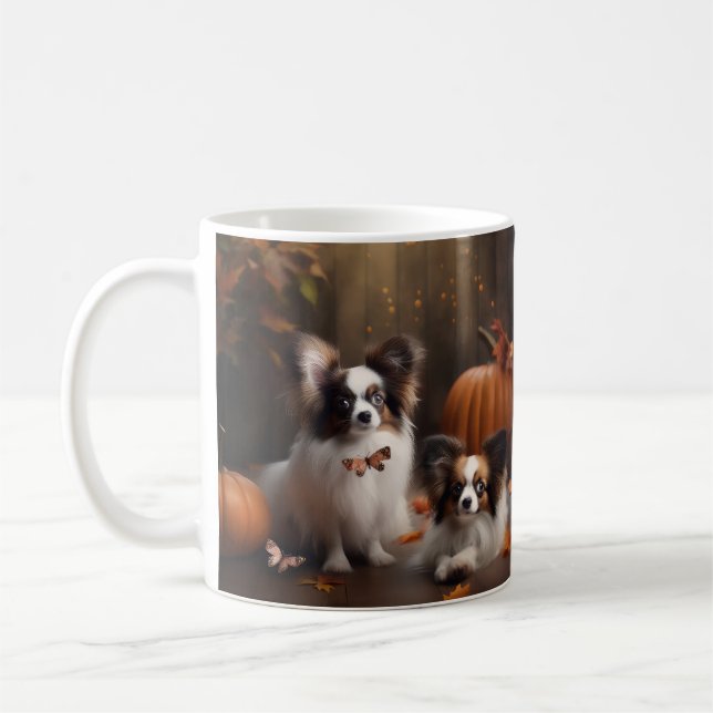 Taza De Café Calabaza deslumbrante Papillon Puppy Autumn (Izquierda)