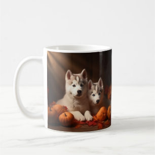 Taza De Café Calabaza deslumbrante siberiana Husky Puppy otoño