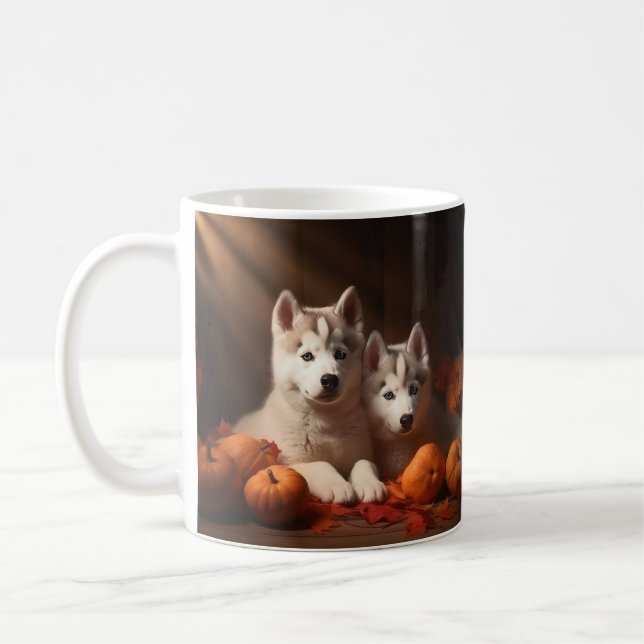 Taza De Café Calabaza deslumbrante siberiana Husky Puppy otoño (Izquierda)