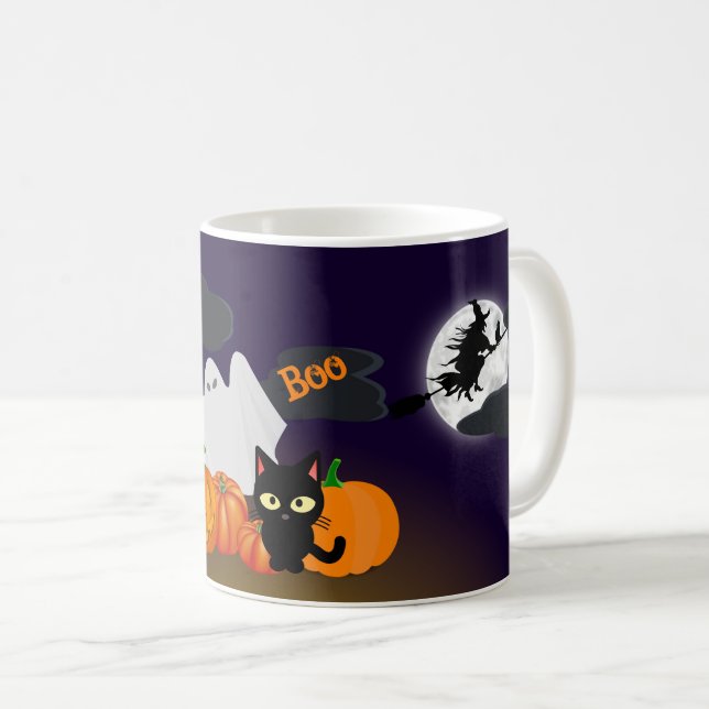 Taza De Café Calabaza feliz de Halloween y gato negro (Anverso derecho)