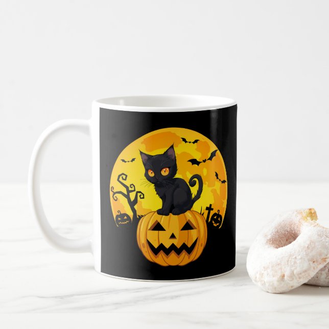 Taza De Café Calabaza Halloween para gato negro (Con donut)