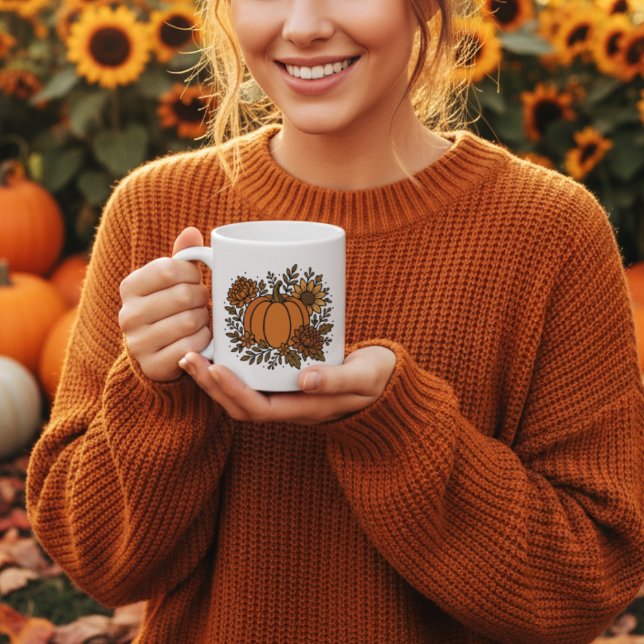 Taza De Café Calabaza otoñal con girasol y flores caídas (Subido por el creador)