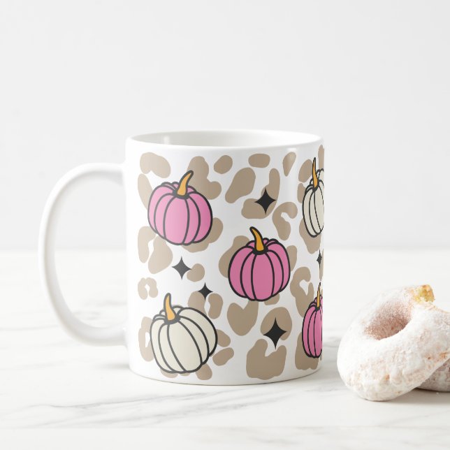Taza De Café Calabaza rosa Halloween estético (Con donut)