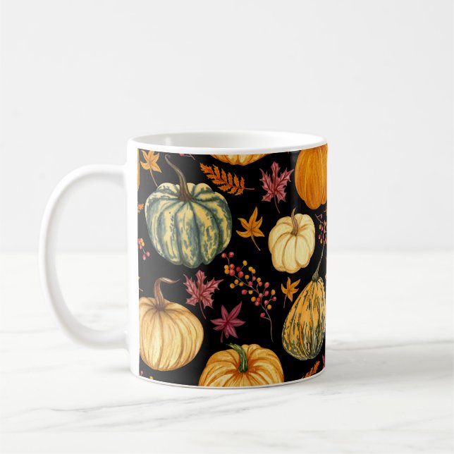 Taza De Café Calabazas acuarelas: Patrón sin foco de otoño. (Izquierda)
