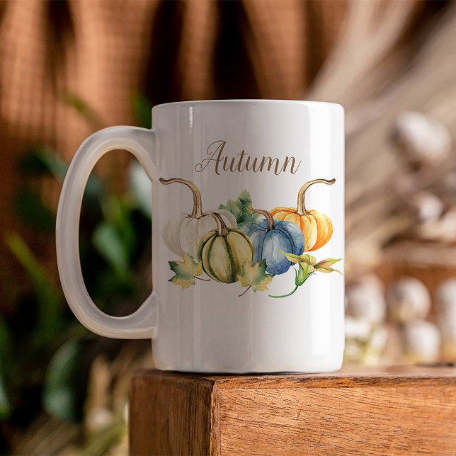 Taza De Café Calabazas acuáticas de otoño (Beautiful watercolor pumpkins in shades of blue, green, orange, and white are featured on this mug)