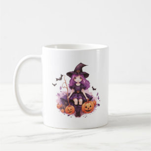 Taza De Café Calabazas de Bruja con Cabello Púrpura y Murciélag
