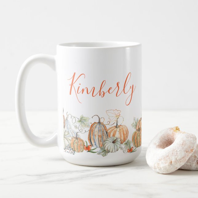Taza De Café Calabazas de caída de nombre personalizadas (Con donut)