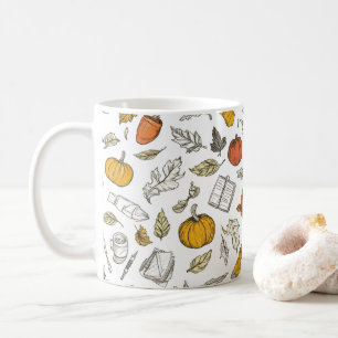 Taza De Café Calabazas naranjas y hojas de estilo grabado.
