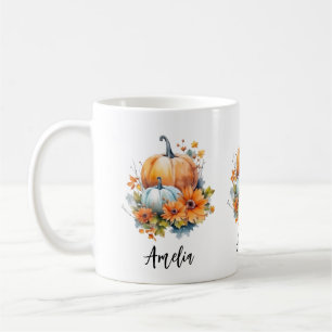 Taza De Café Calabazas otoñales con flores y follaje