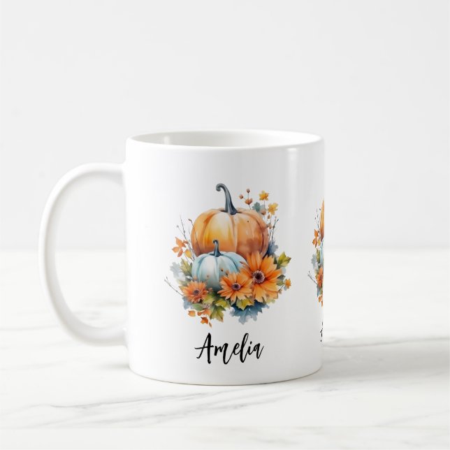 Taza De Café Calabazas otoñales con flores y follaje (Izquierda)