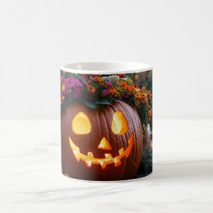 Taza De Café Calabazas talladas de Halloween decoradas con flor