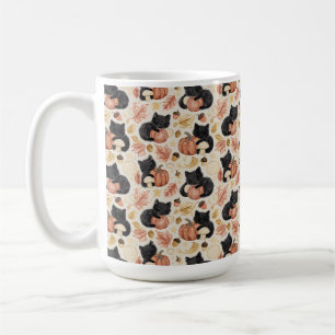 Taza De Café Calabazas y Follaje de Gato Negro Dibujados a Mano