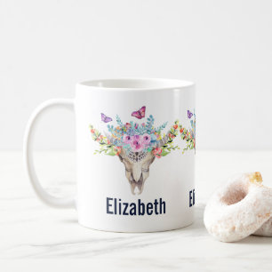 Taza De Café Calavera animal Boho con mariposas y flores