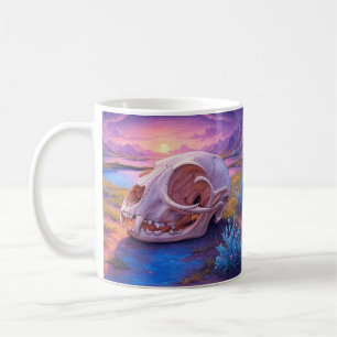 Taza De Café Calavera animal en café desierto al atardecer