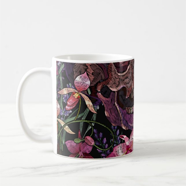 Taza De Café Calavera bordada: Patrón de orquídeas góticas (Izquierda)