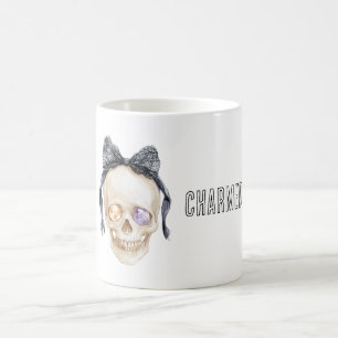 Taza De Café Calavera con joyas púrpura naranja encantada lazo